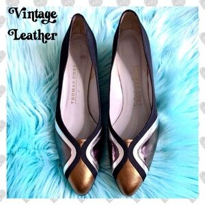 Thomas Cort 80s Metallic LEATHER + FABRIC Pointed Toe Rare Kitten Heels
